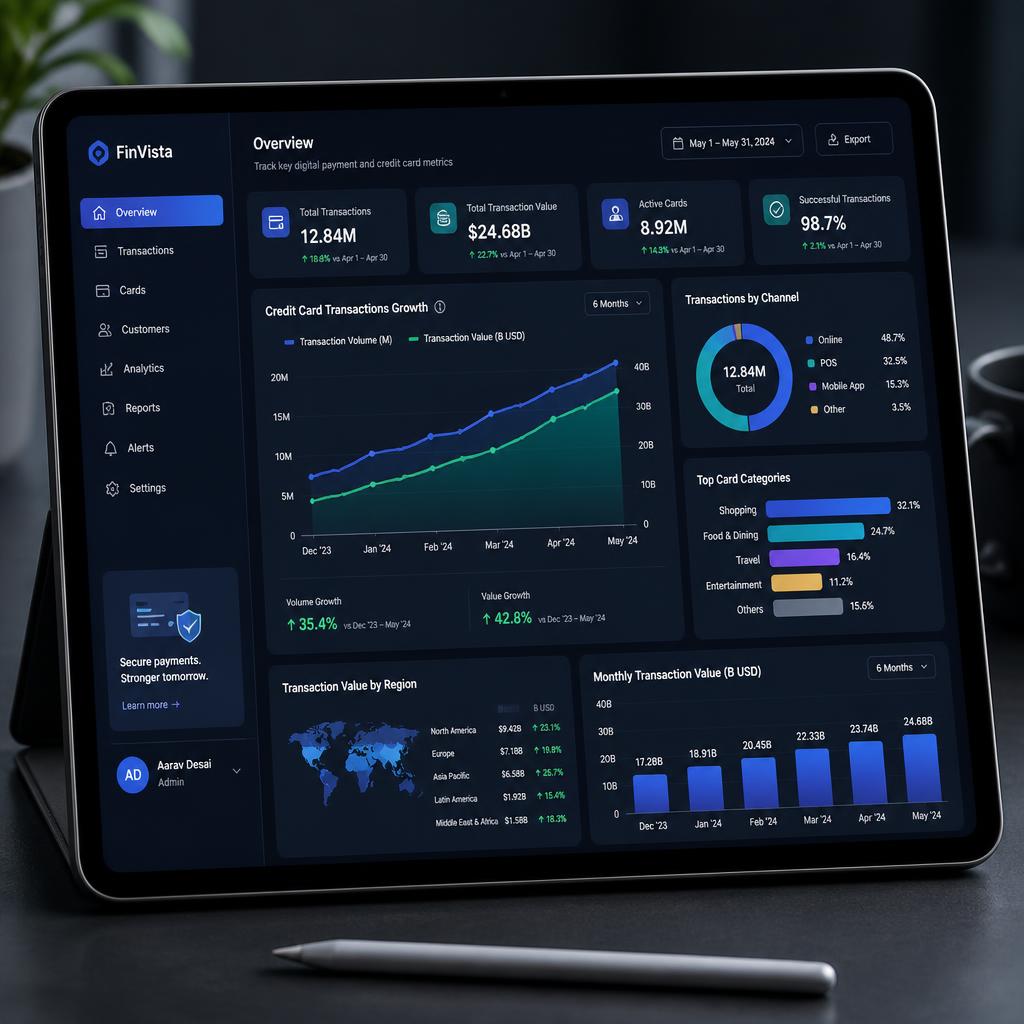 Digital payment statistics dashboard on modern tablet with graphs showing credit card transaction growth, fintech data visualization